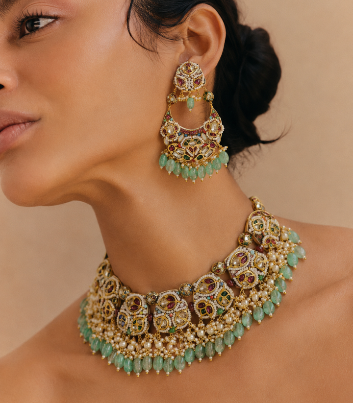 MIHIRA RED & GREEN KUNDAN NECKLACE SET