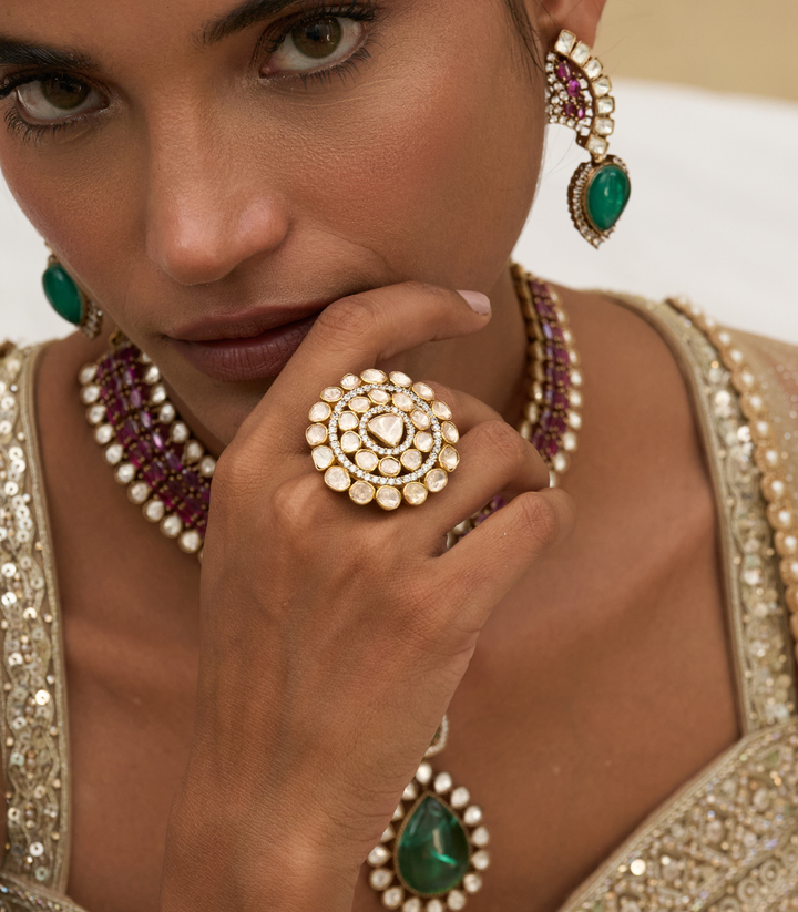 GOLD PLATED STERLING SILVER COCKTAIL MOISSANITE RING