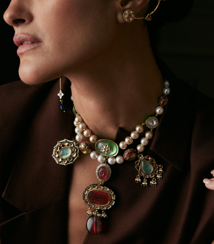 VAIDURYA RED & GREEN KUNDAN NECKLACE