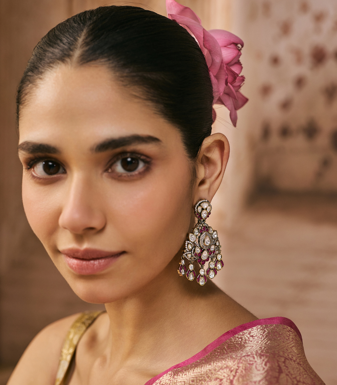 RADHIKA RED ANTIQUE FINISH POLKI EARRING