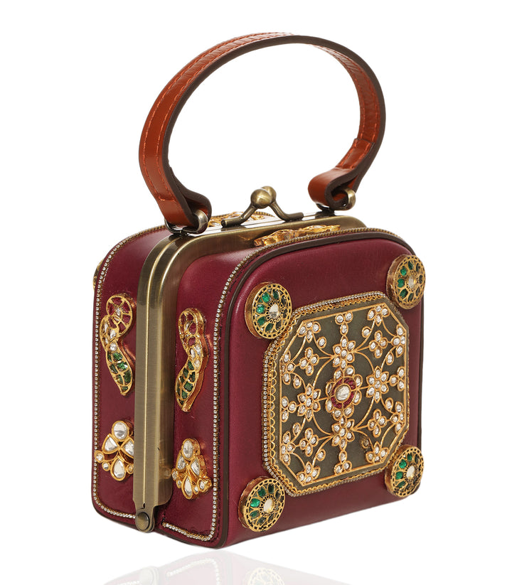 CHAHAK RED & GREEN LEATHER KUNDAN HAND BAG