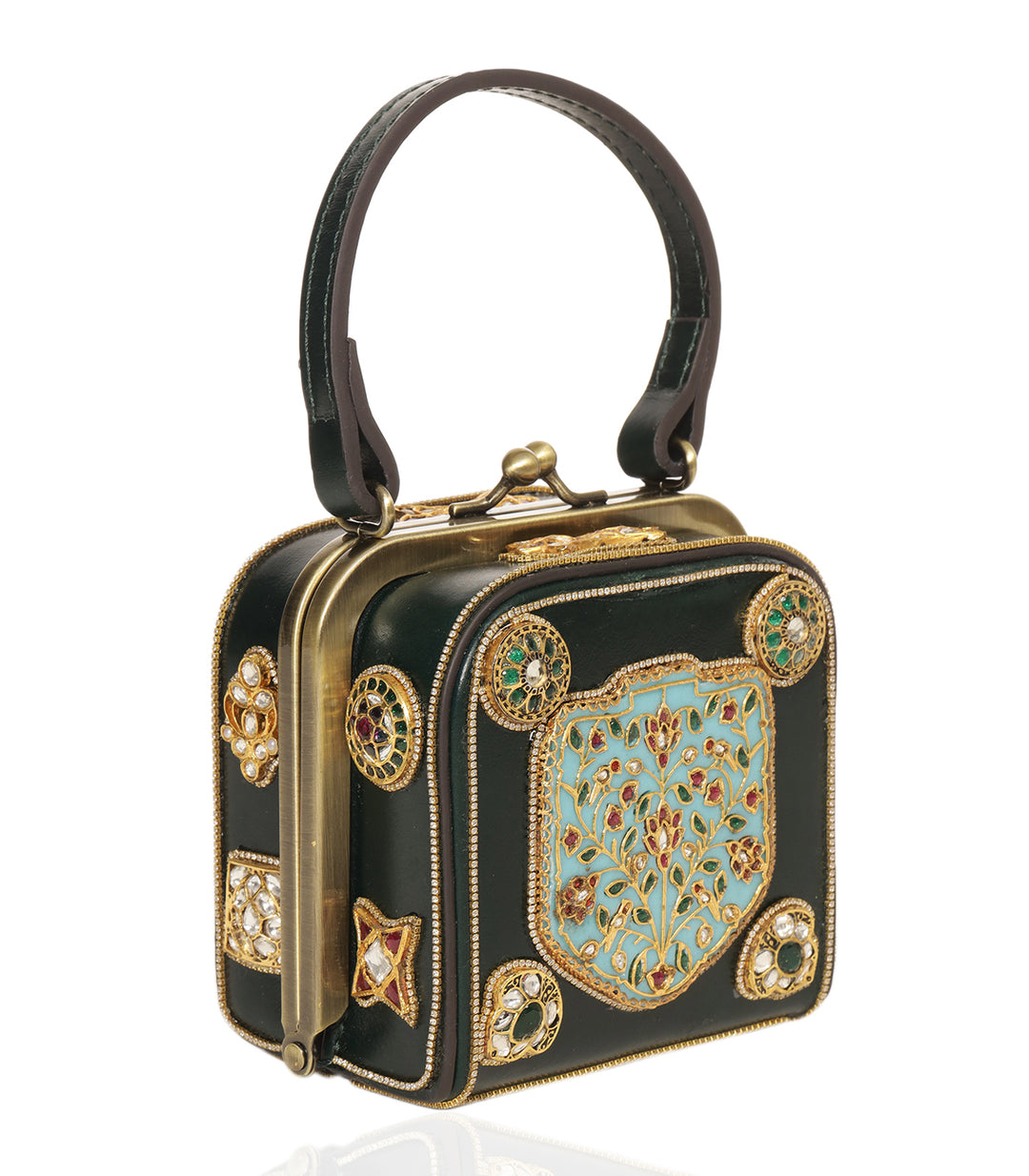 MISHIKA RED & GREEN LEATHER KUNDAN HAND BAG