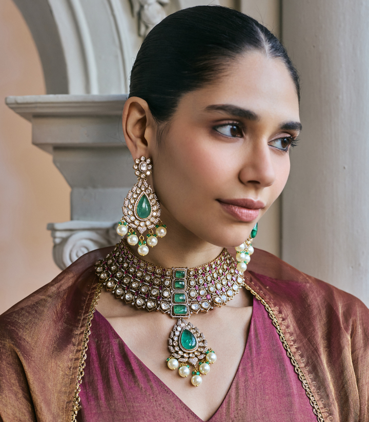 TRISHA RED & MINT POLKI NECKLACE SET