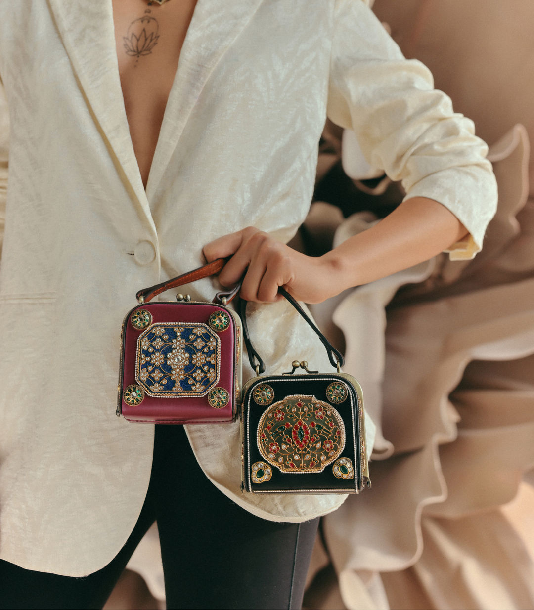 CHAHAK RED & GREEN LEATHER KUNDAN HAND BAG