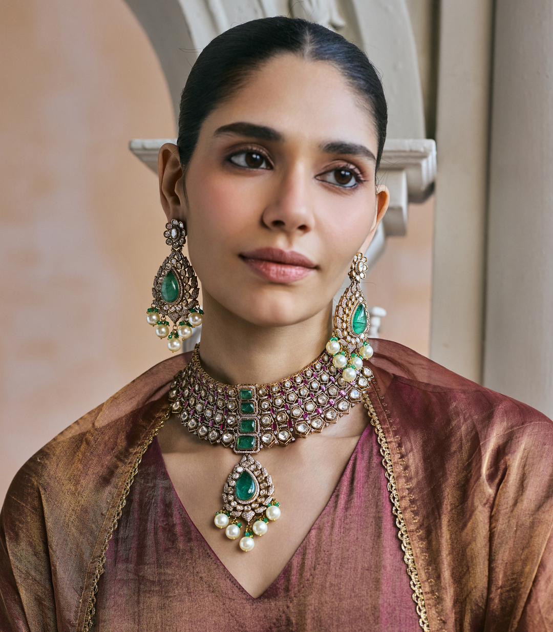 TRISHA RED & MINT POLKI NECKLACE SET