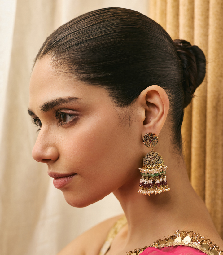 TANYA RED & GREEN GOLD PLATED JHUMKA