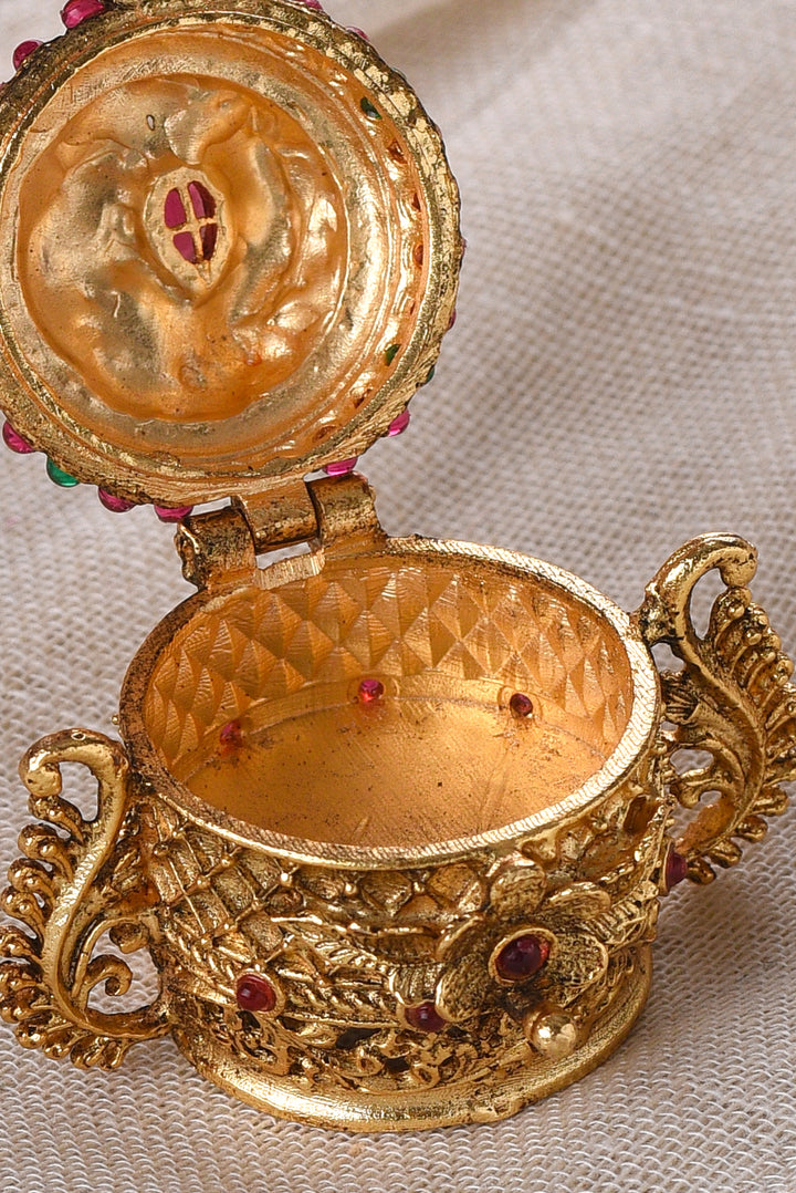 GOLD PLATED PEACOCK RED & GREEN SINDOOR BOX