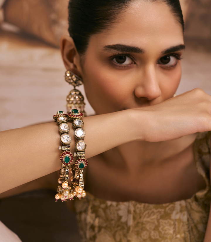 NIMA ANTIQUE FINISH RED & GREEN POLKI BANGLES