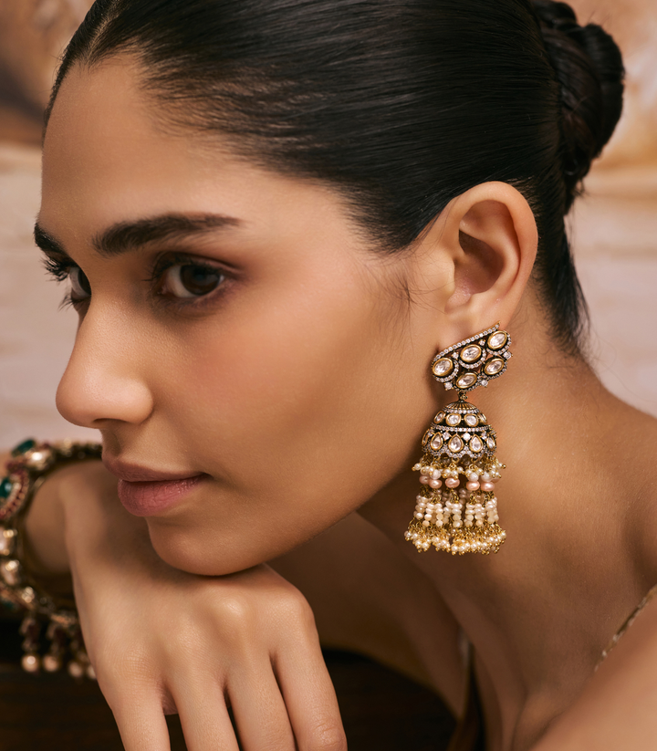 ADITA ANTIQUE FINISH WHITE POLKI JHUMKA