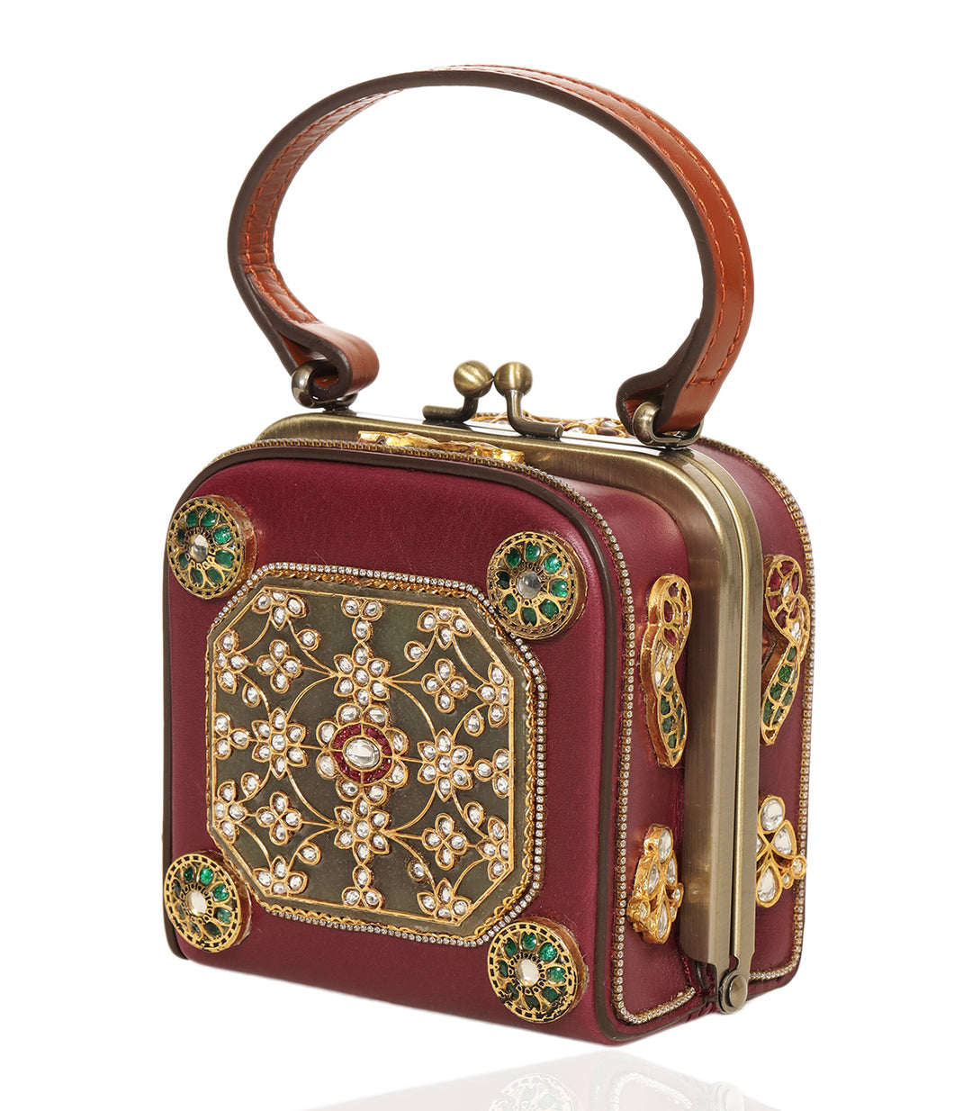 CHAHAK RED & GREEN LEATHER KUNDAN HAND BAG