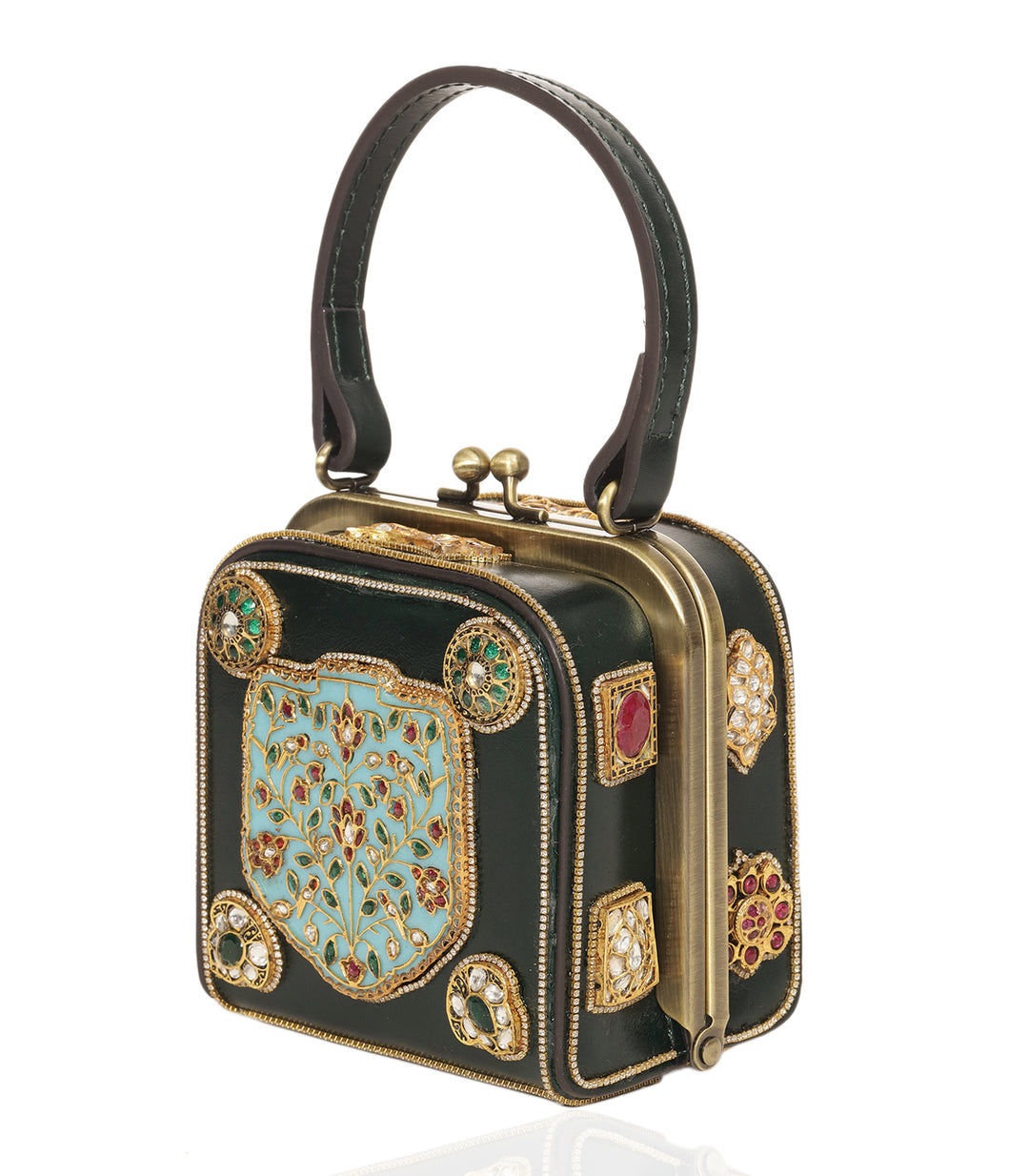 MISHIKA RED & GREEN LEATHER KUNDAN HAND BAG