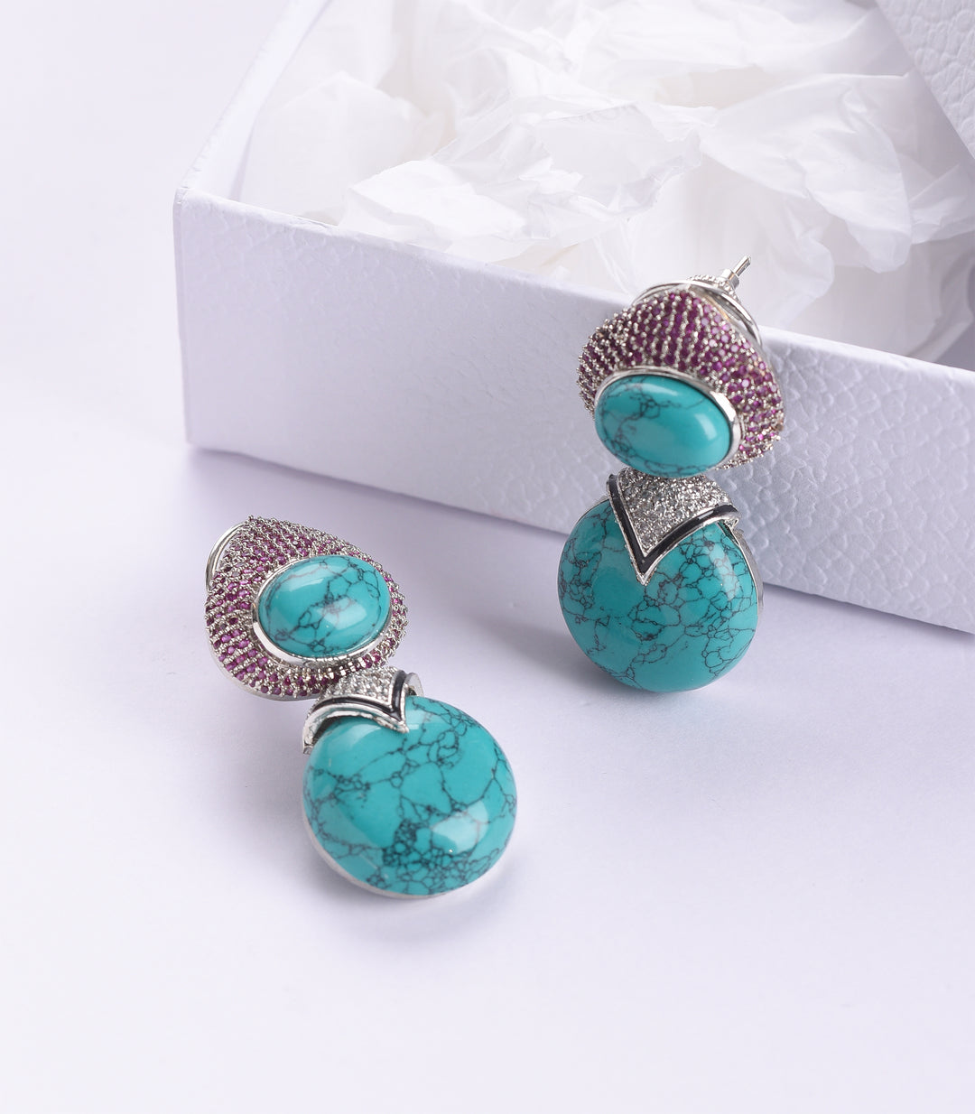 SILVER FINISH PINK & TURQUOISE ZIRCON  EARRING
