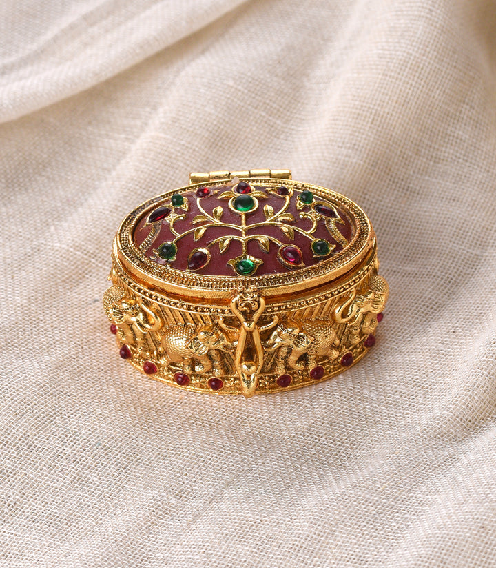 GOLD PLATED PINK KUNDAN ELEPHANT SINDOOR BOX