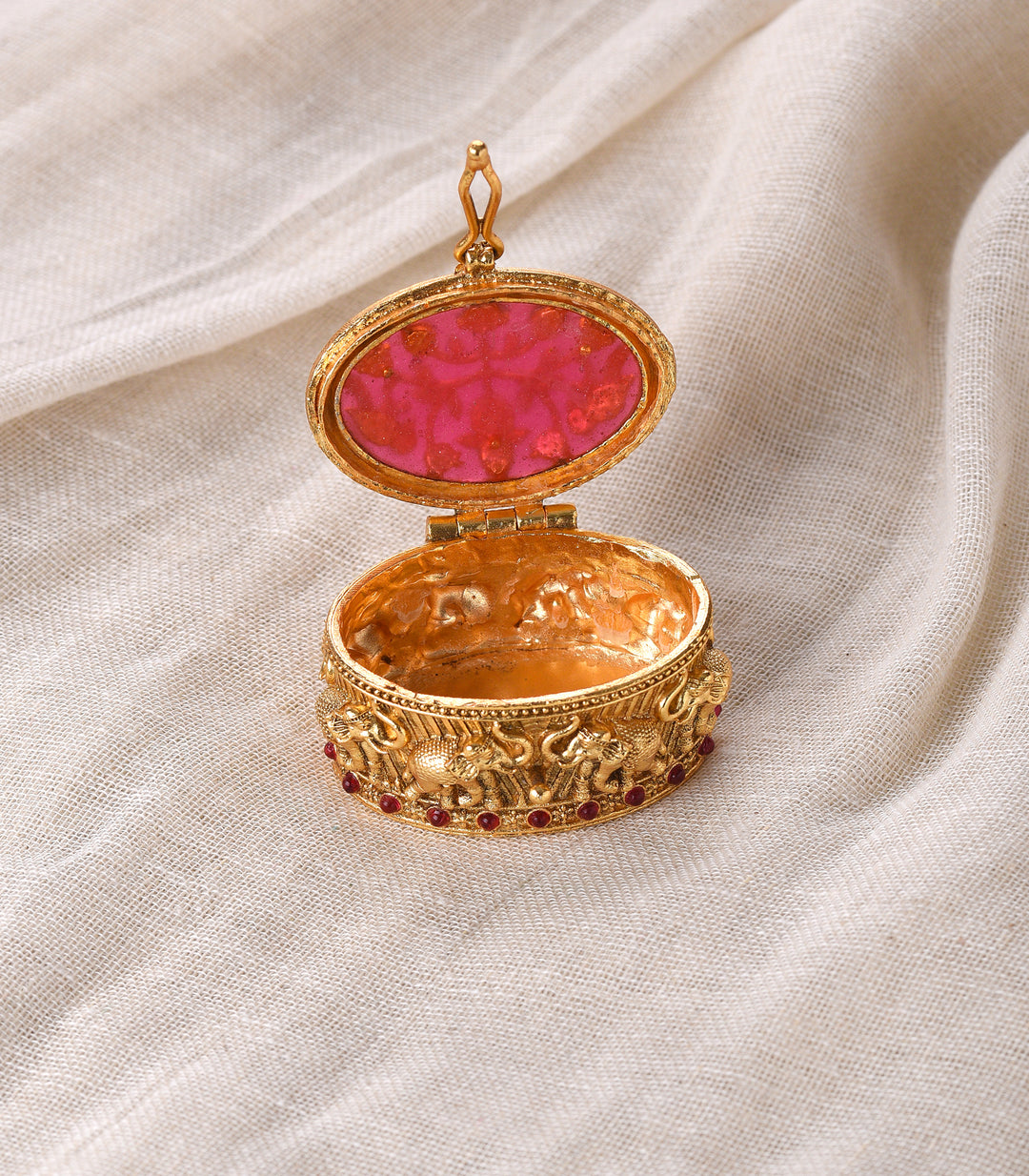 GOLD PLATED PINK KUNDAN ELEPHANT SINDOOR BOX