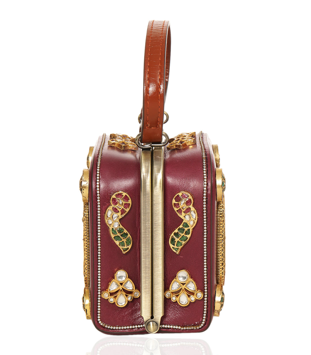 CHAHAK RED & GREEN LEATHER KUNDAN HAND BAG