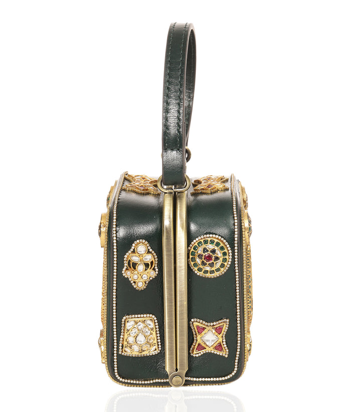 MISHIKA RED & GREEN LEATHER KUNDAN HAND BAG