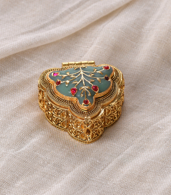 GOLD PLATED GREEN KUNDAN SINDOOR BOX