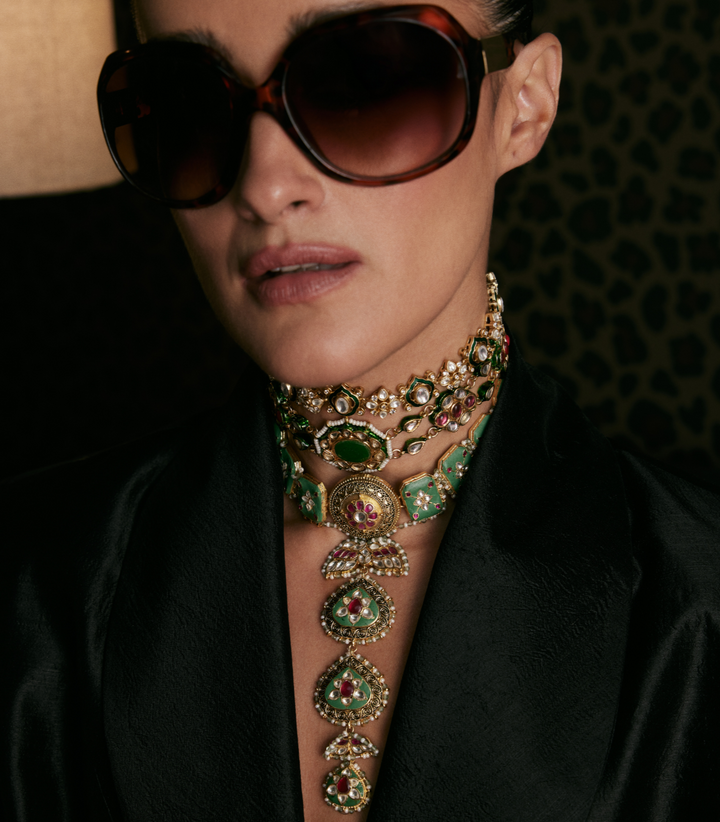 SHAZAHN GREEN KUNDAN LONG NECKLACE