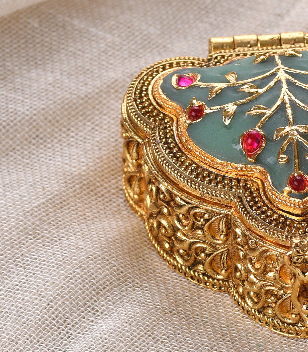 GOLD PLATED GREEN KUNDAN SINDOOR BOX