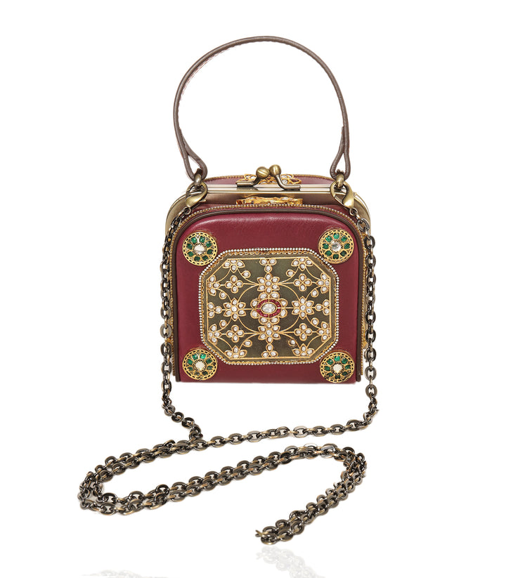 CHAHAK RED & GREEN LEATHER KUNDAN HAND BAG