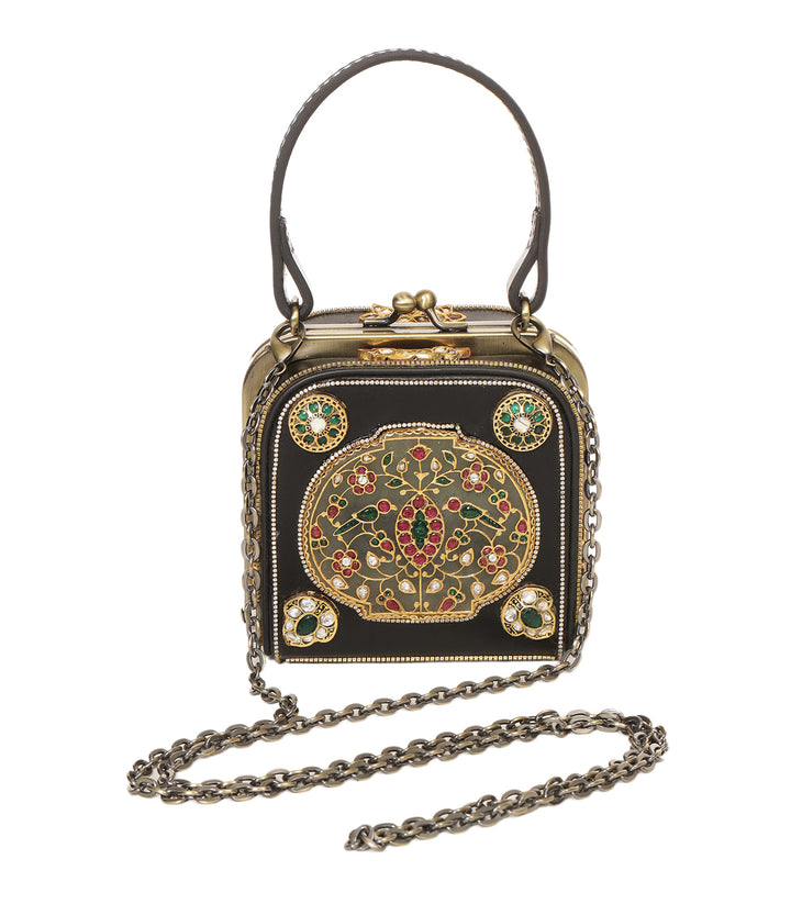 ADITRI RED & GREEN LEATHER KUNDAN HAND BAG
