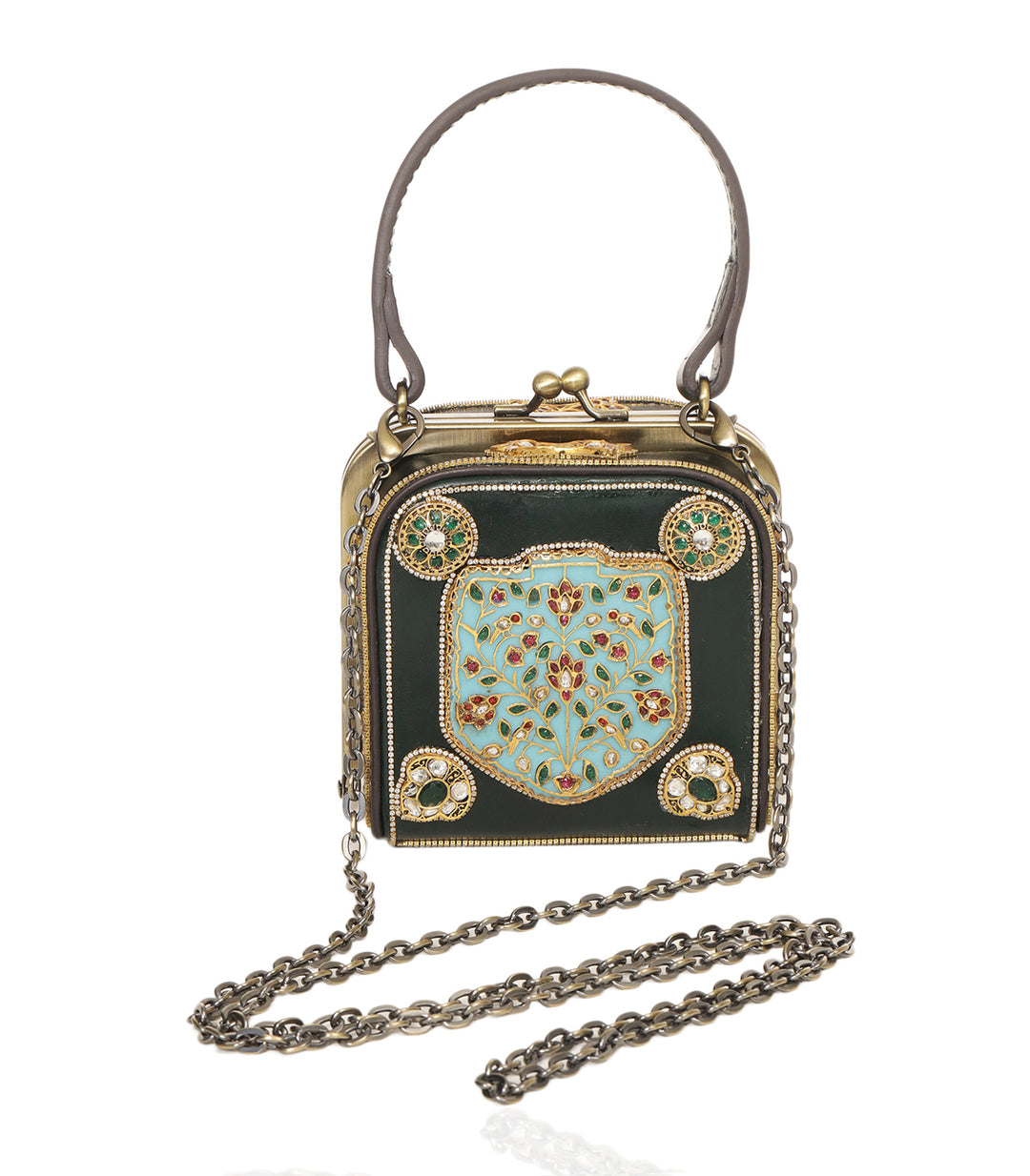 MISHIKA RED & GREEN LEATHER KUNDAN HAND BAG