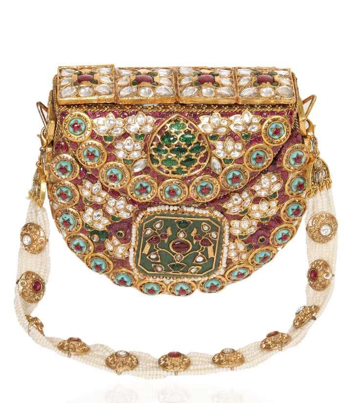 SAMAR RED & GREEN KUNDAN HAND BAG