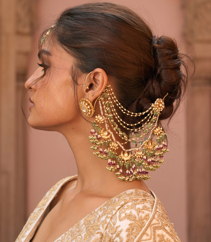 MAANVI PINK & GREEN KUNDAN EARCHAIN