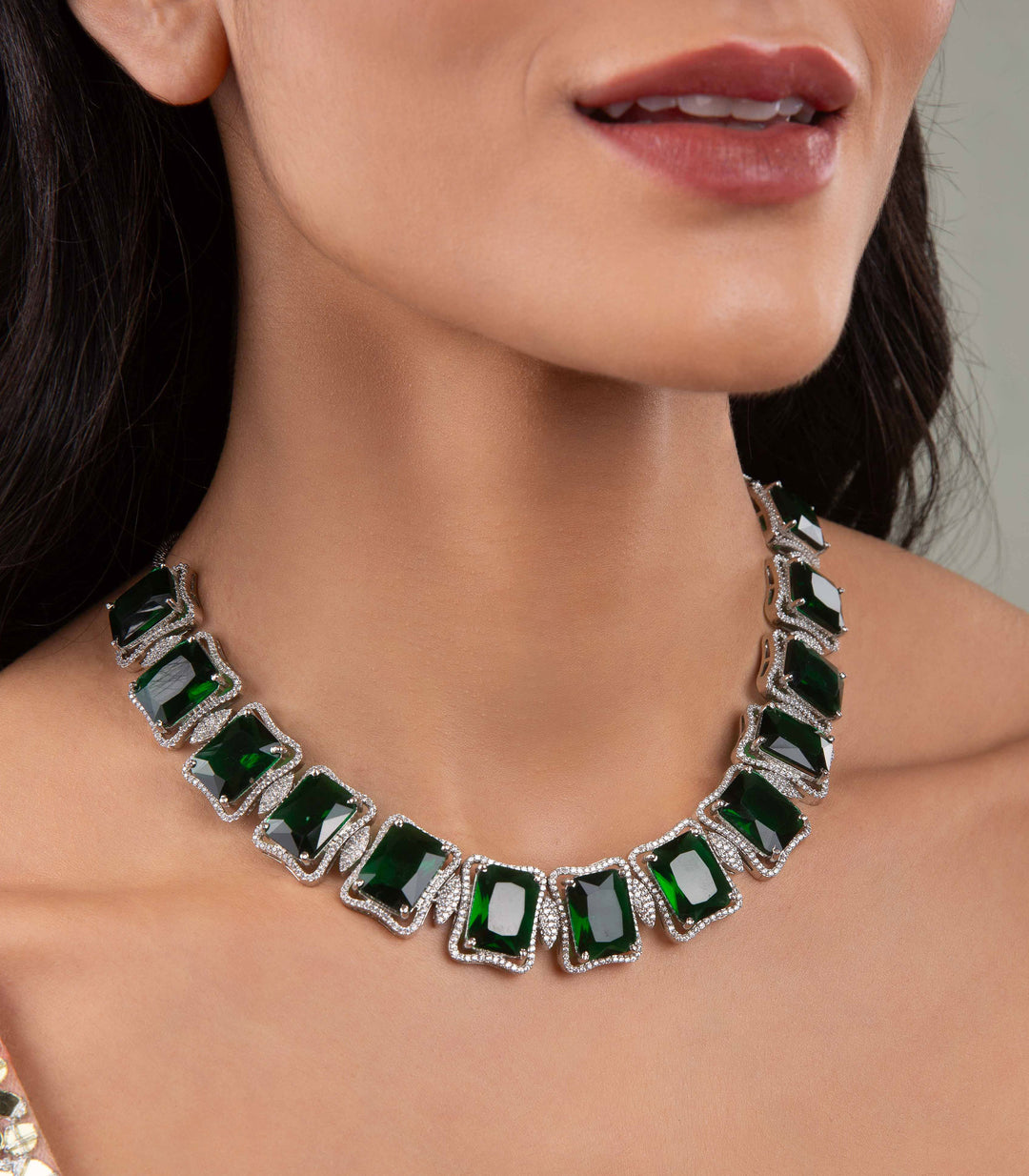 MANASVINI SILVER FINISH GREEN  NECKLACE SET