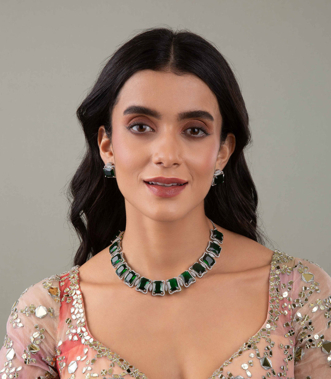 MANASVINI SILVER FINISH GREEN  NECKLACE SET