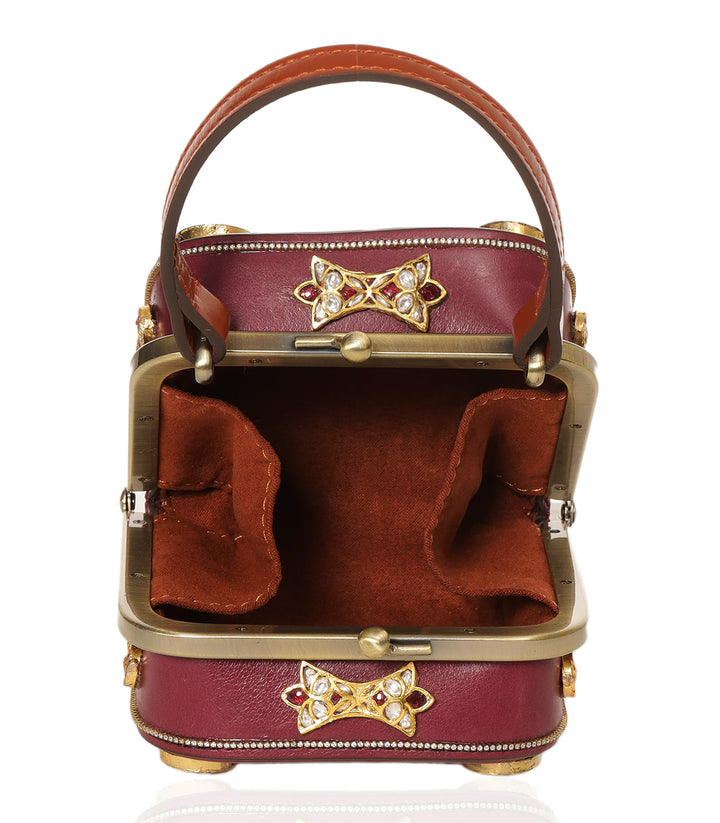 CHAHAK RED & GREEN LEATHER KUNDAN HAND BAG