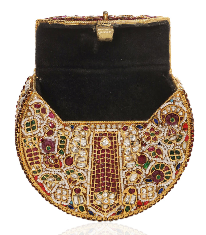 SAANVI RED & GREEN KUNDAN HAND BAG