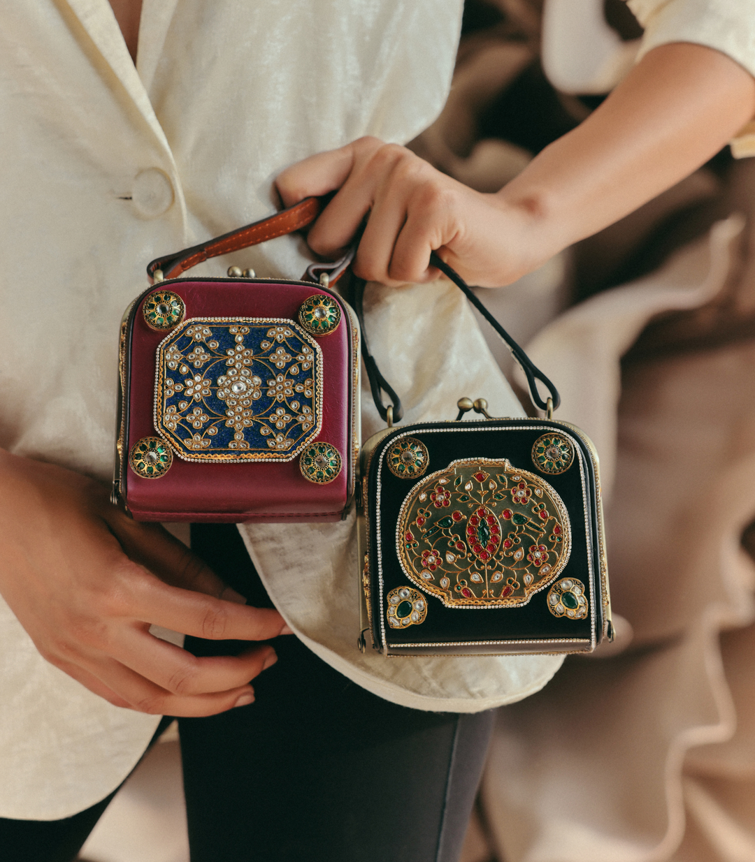 ADITRI RED & GREEN LEATHER KUNDAN HAND BAG