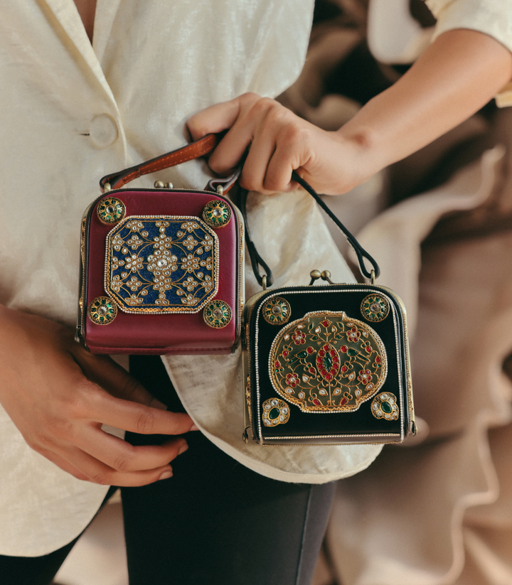 ADITRI RED & GREEN LEATHER KUNDAN HAND BAG