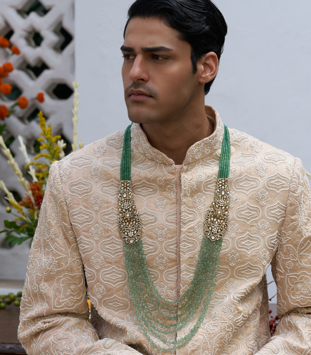 SHREST ANTIQUE FINISH GREEN POLKI GROOM NECKLACE