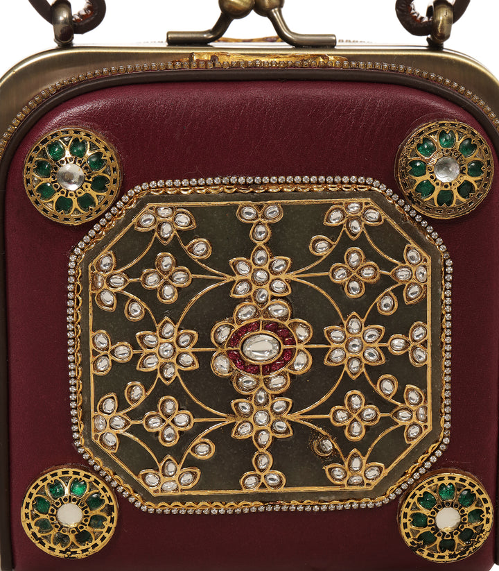 CHAHAK RED & GREEN LEATHER KUNDAN HAND BAG