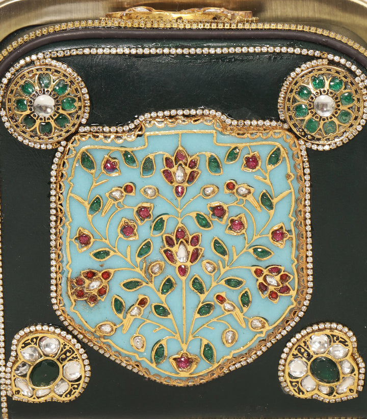 MISHIKA RED & GREEN LEATHER KUNDAN HAND BAG