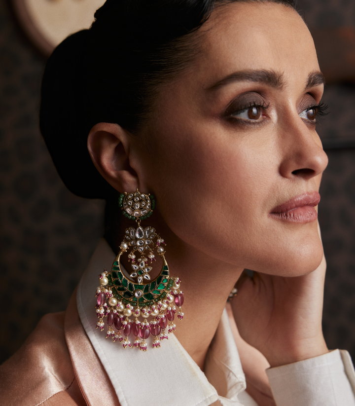 PRANAYA GREEN & PINK KUNDAN CHANDBALI