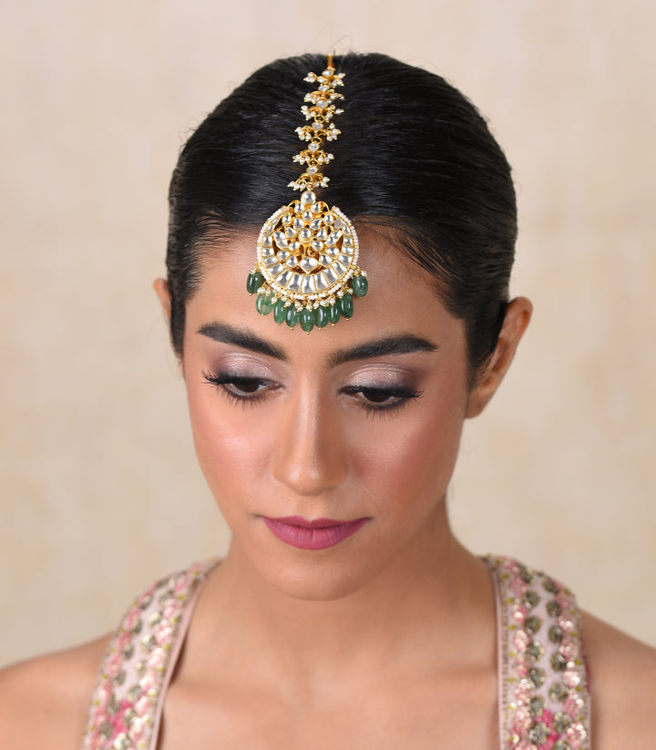 AAWANYA GREEN KUNDAN TIKA WITH GREEN ONYX DROPS