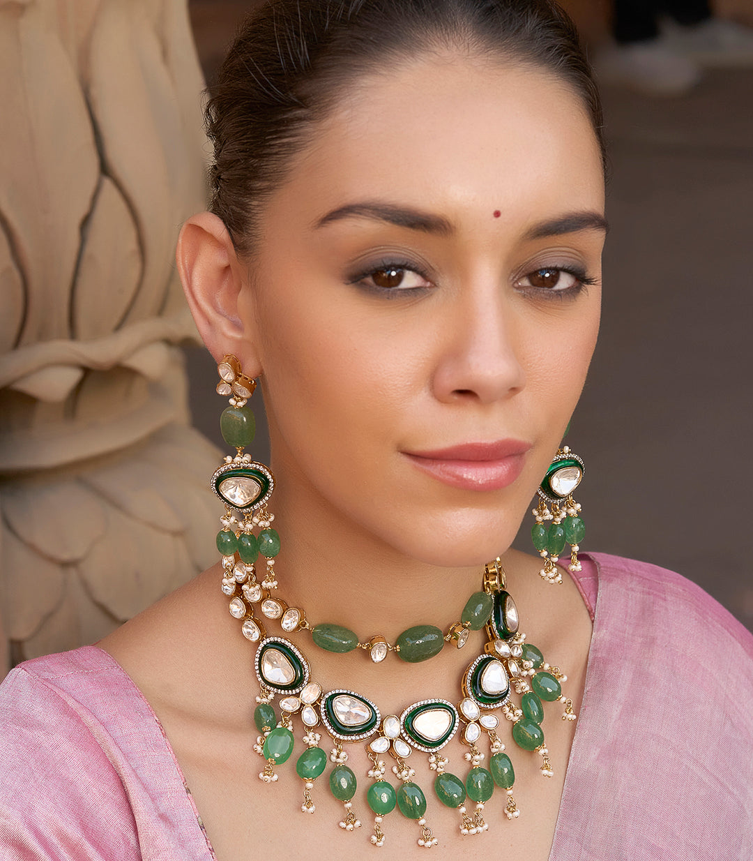 MIHIKA GREEN POLKI NECKLACE SET