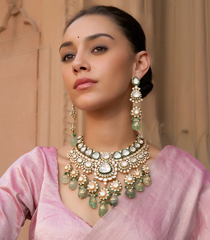 Mrinalini Green Meena Polki Necklace Set