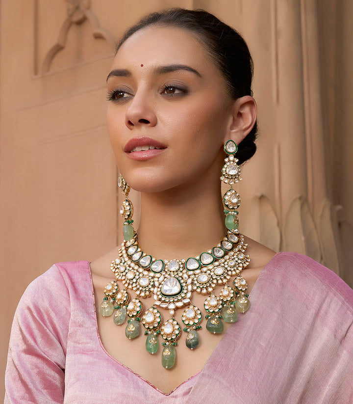 Mrinalini Green Meena Polki Necklace Set