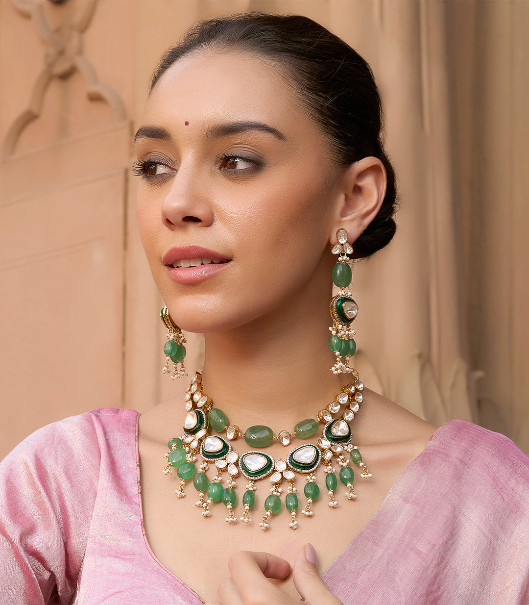 MIHIKA GREEN POLKI NECKLACE SET