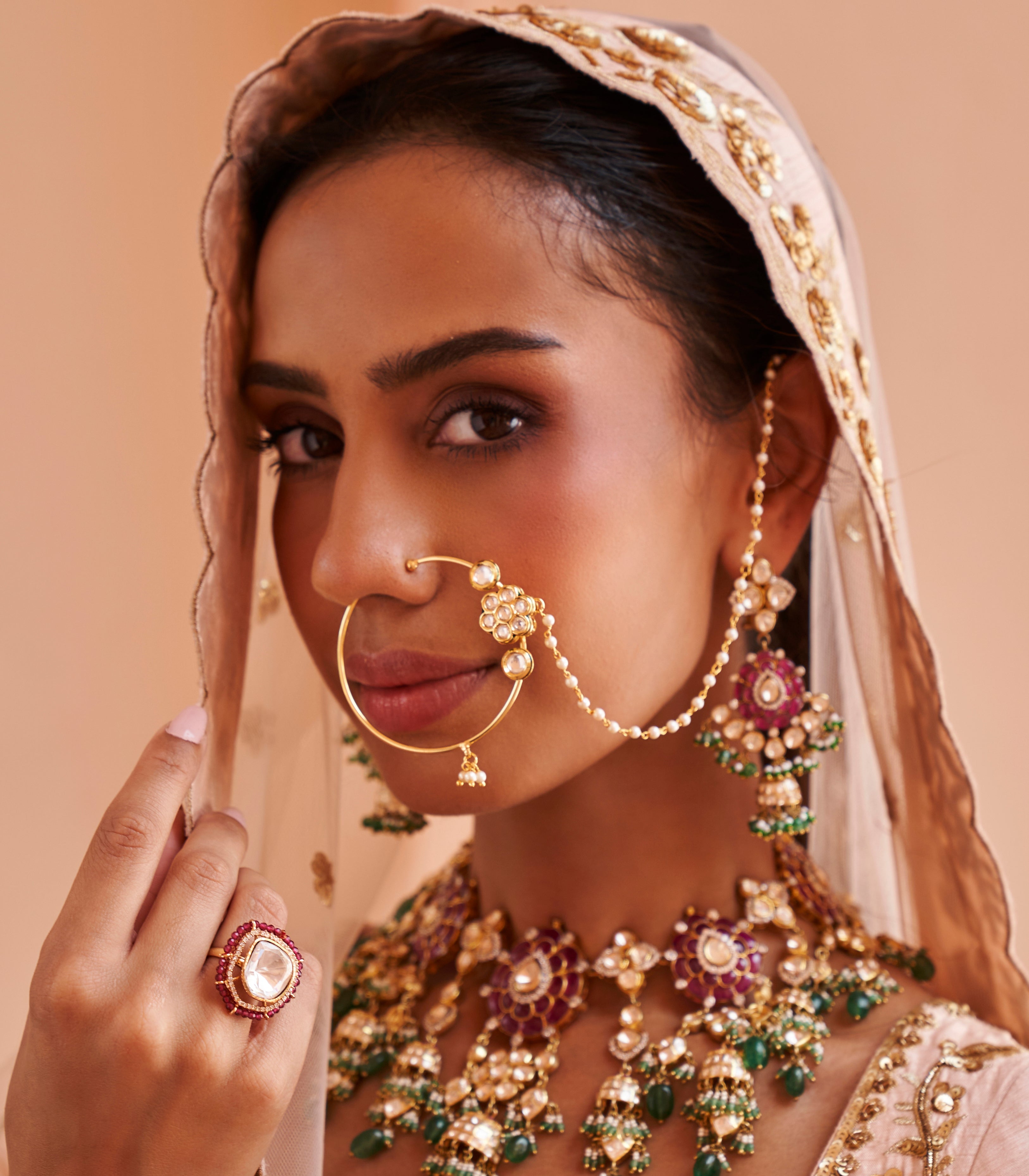 22k Antique Gold Kundan Pearl Bridal Nathni | Raj Jewels