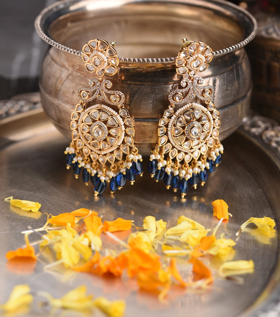 Gold Finish Blue Kundan Earring