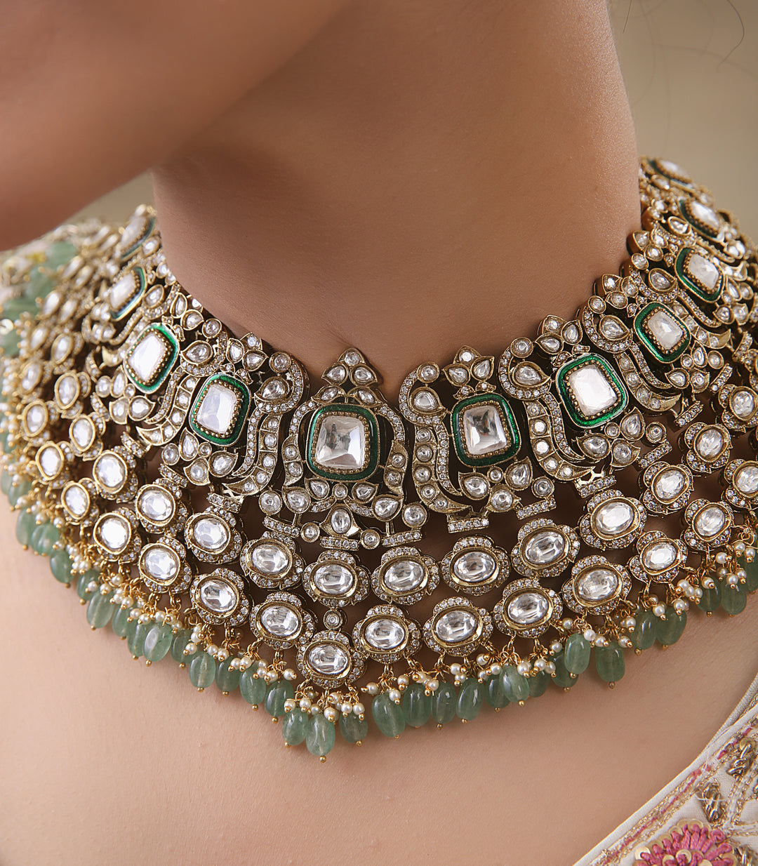 CHAARVI GREEN ANTIQUE GOLD FINISH POLKI NECKLACE
