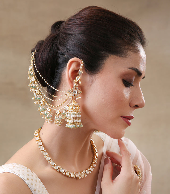 HINA GREEN & WHITE KUNDAN EARCHAIN