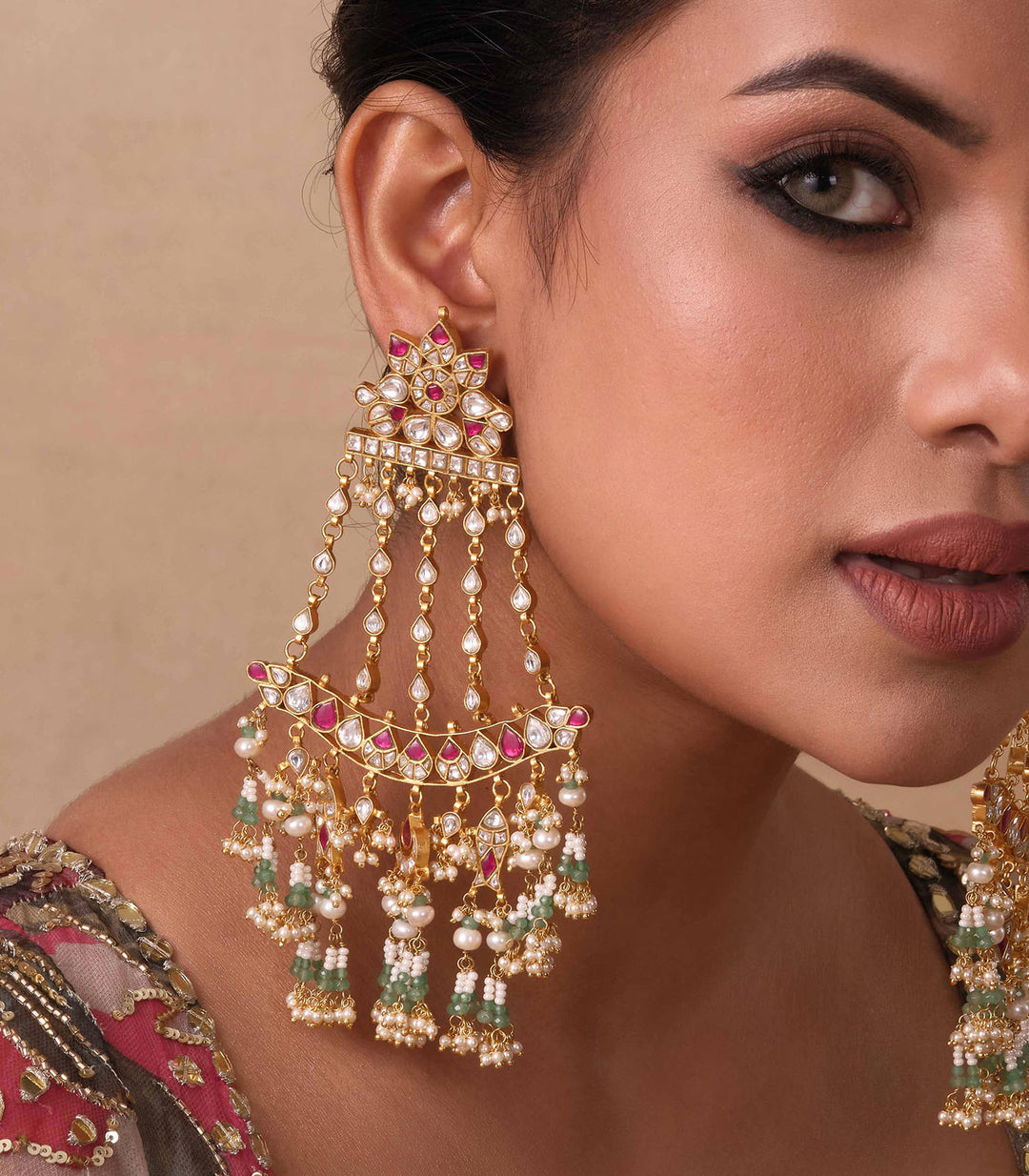 AMBEEKA RED & GREEN KUNDAN EARRING