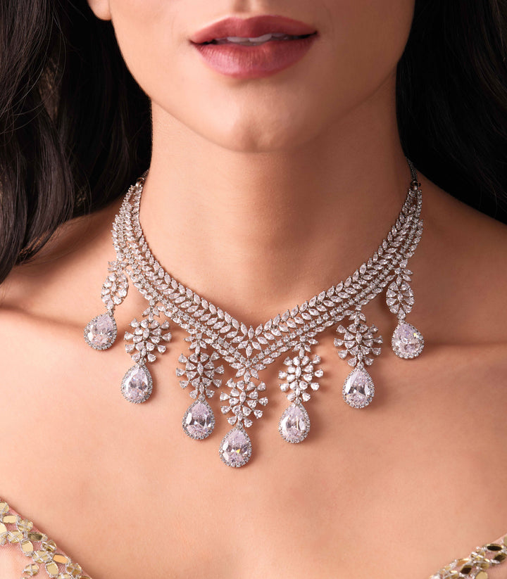 YADAV SILVER FINISH ZIRCON NECKLACE SET