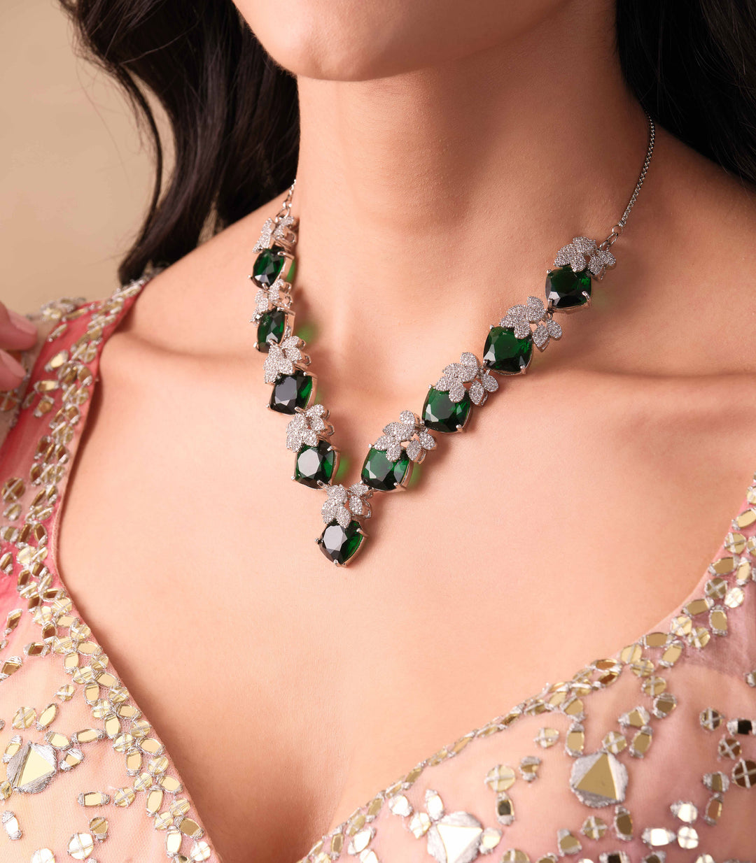 YASI SILVER FINISH GREEN ZIRCON NECKLACE SET